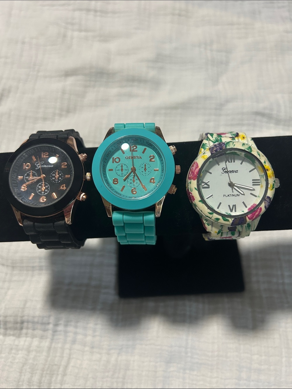 Geneva Black, Teal & Floral Silicone Watch Trio. All NEEDS BATTERIES. Set of 3